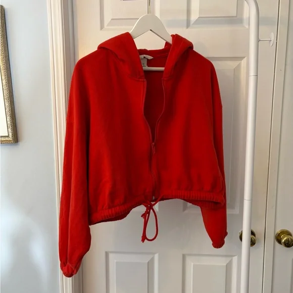 H&M Red Cropped Zip Up Hoodie Size Large Cotton - Picture 9 of 10